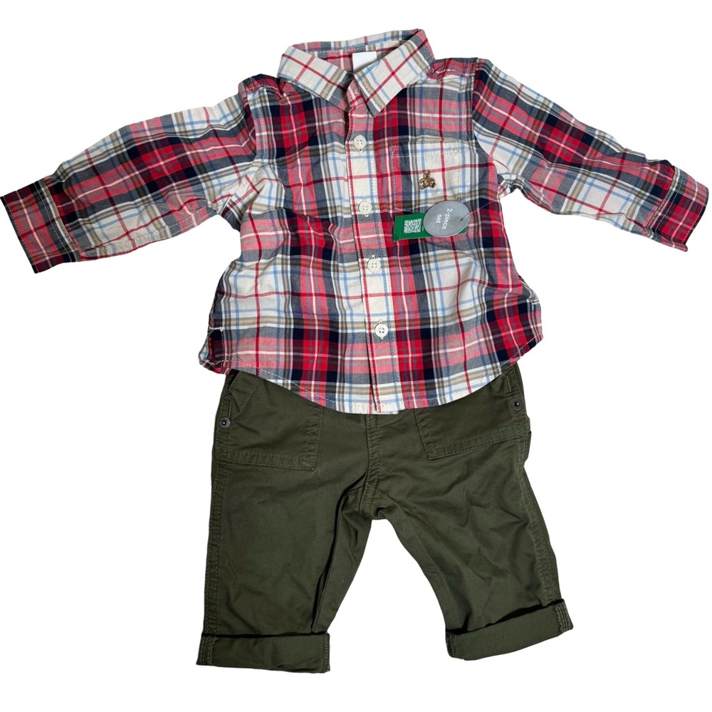 GAP Kids Plaid Shirt and Olive Pants Set SZ 6-12 Months